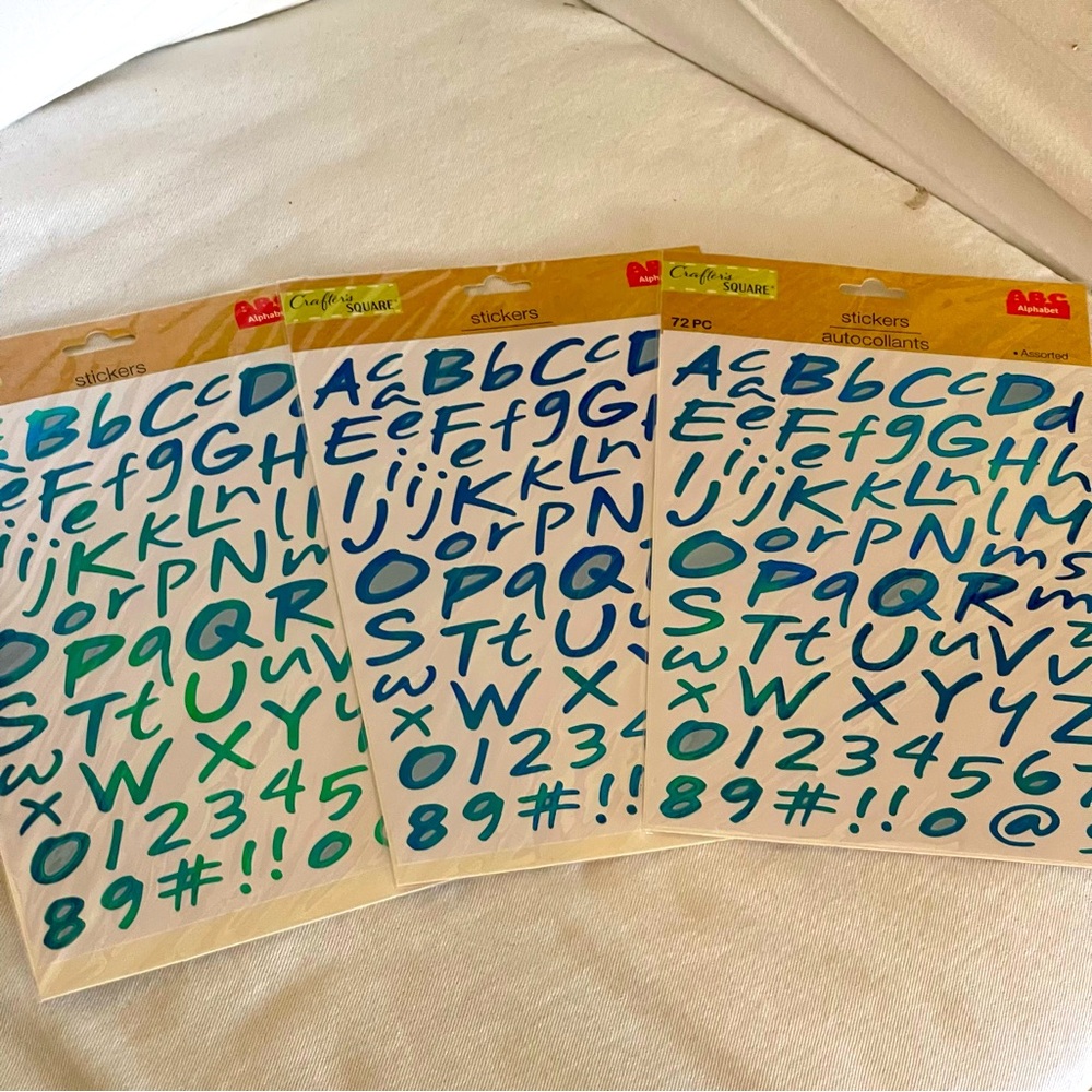 3 Blue Foil Alphabet & Numbers Stickers Set